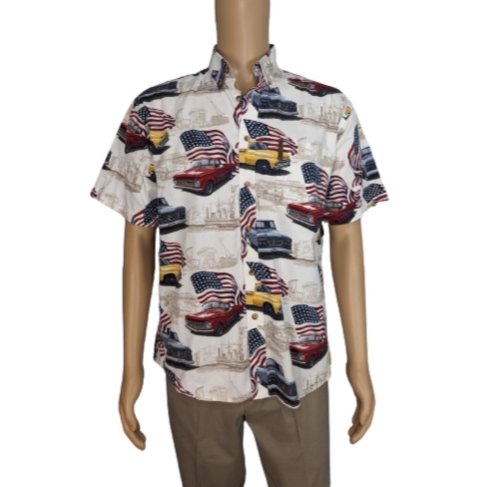 North River American Flag and Classic Pick-Up Trucks Button Down Shirt L